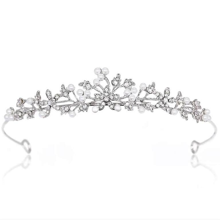 Silver tiara with pearls and crystals, floral design, isolated on white