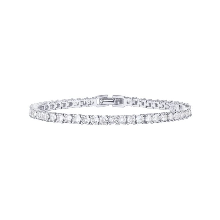 Silver bracelet with round, clear gemstones set in a row