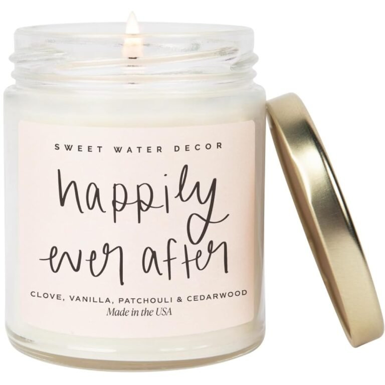 Lit candle in a jar with "Happily Ever After" label and gold lid