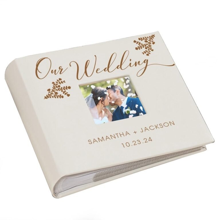 Wedding photo album with couple kissing, "Our Wedding" inscription, and names