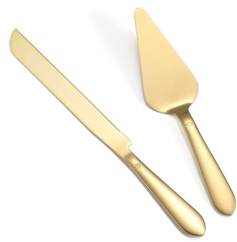 Gold cake knife and server set on a white background