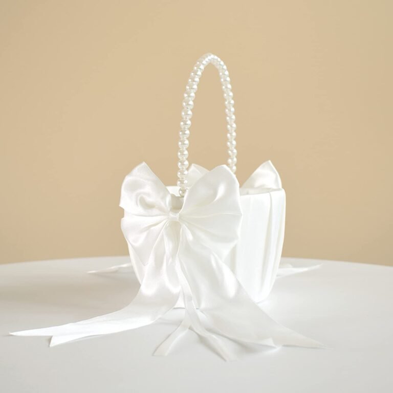 White satin flower girl basket with pearl handle and bow
