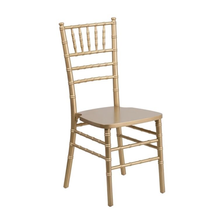 Gold chiavari chair with bamboo-like details on a white background