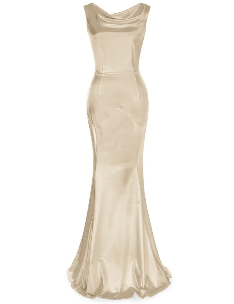 Beige satin mermaid gown with cowl neckline, formal wear