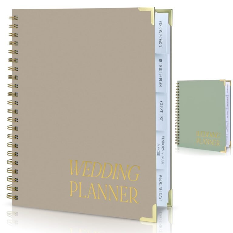 Tan and gold wedding planner with tabbed sections, spiral binding, and gold lettering