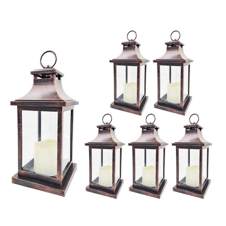 Six decorative lanterns with candles inside, on a white background