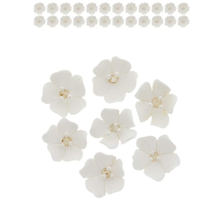 White flower decorations with pearl centers, arranged on a white background