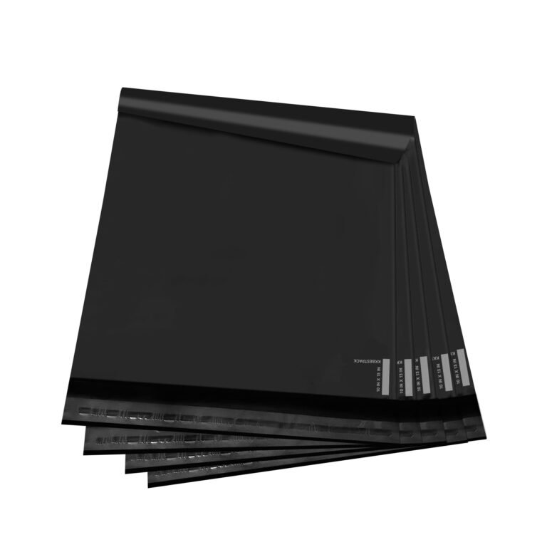 Stack of black shipping envelopes with white text labels