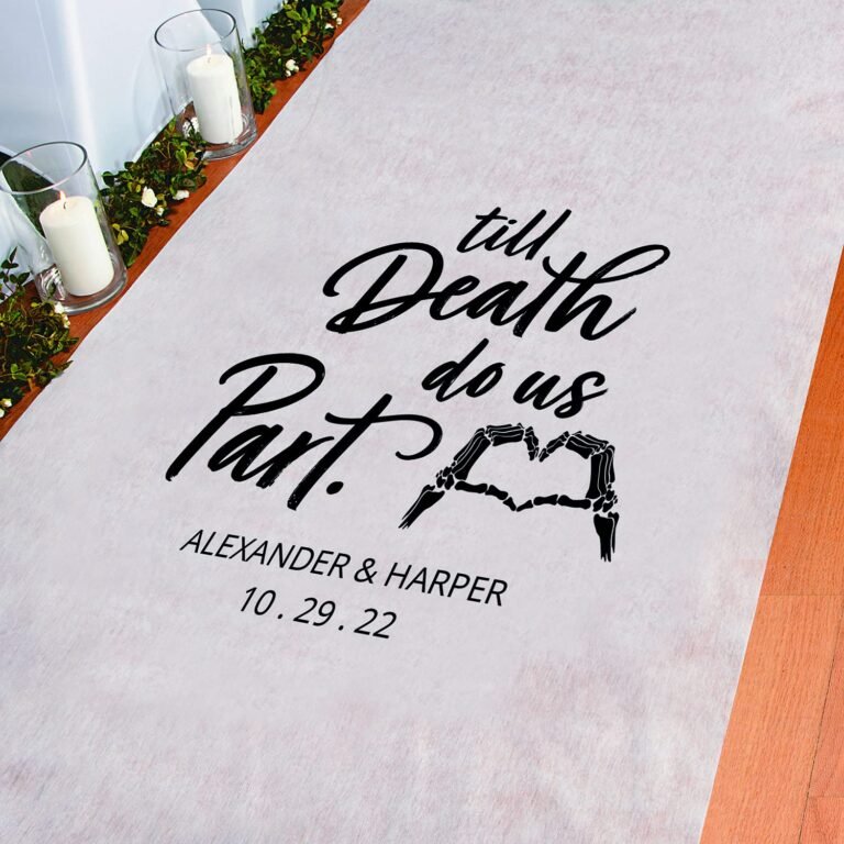 Wedding aisle runner with "Till Death Do Us Part" and skeleton heart