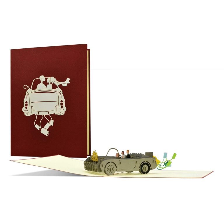 Pop-up wedding card with a car carrying a bride and groom