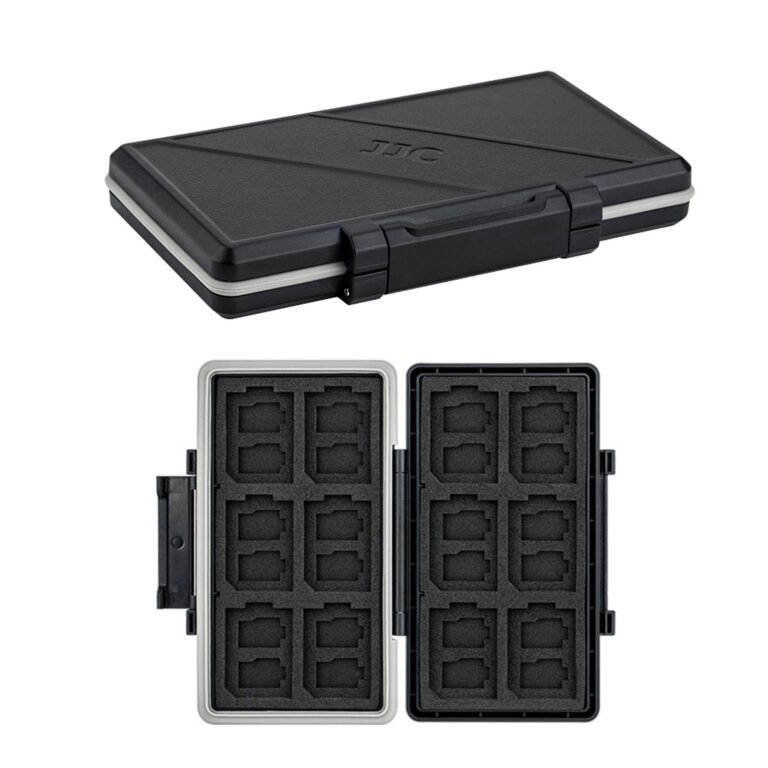 Black SD card storage case, open to reveal foam inserts