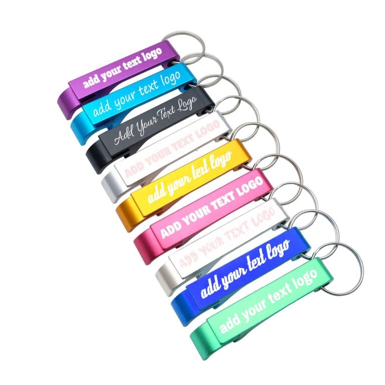 Colorful bottle opener keychains with "add your text logo" text on them