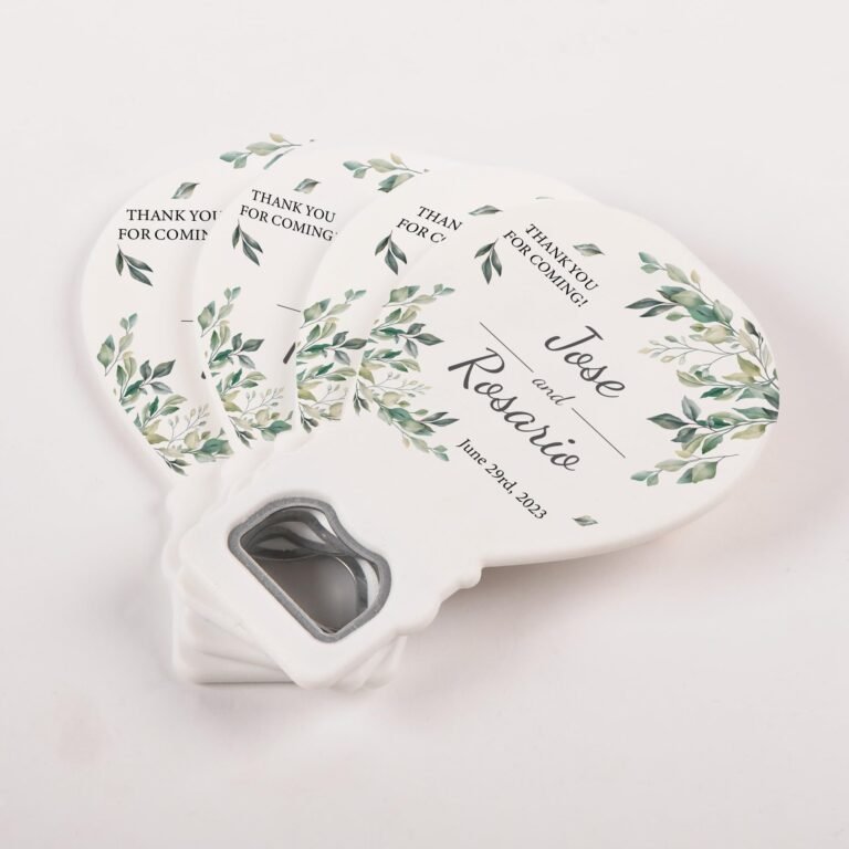 Bottle openers with wedding details, floral design, and "Thank You" message