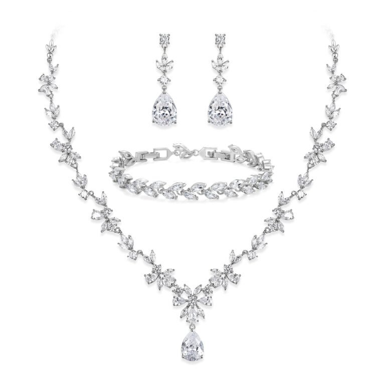 Silver jewelry set with necklace, bracelet, and teardrop earrings