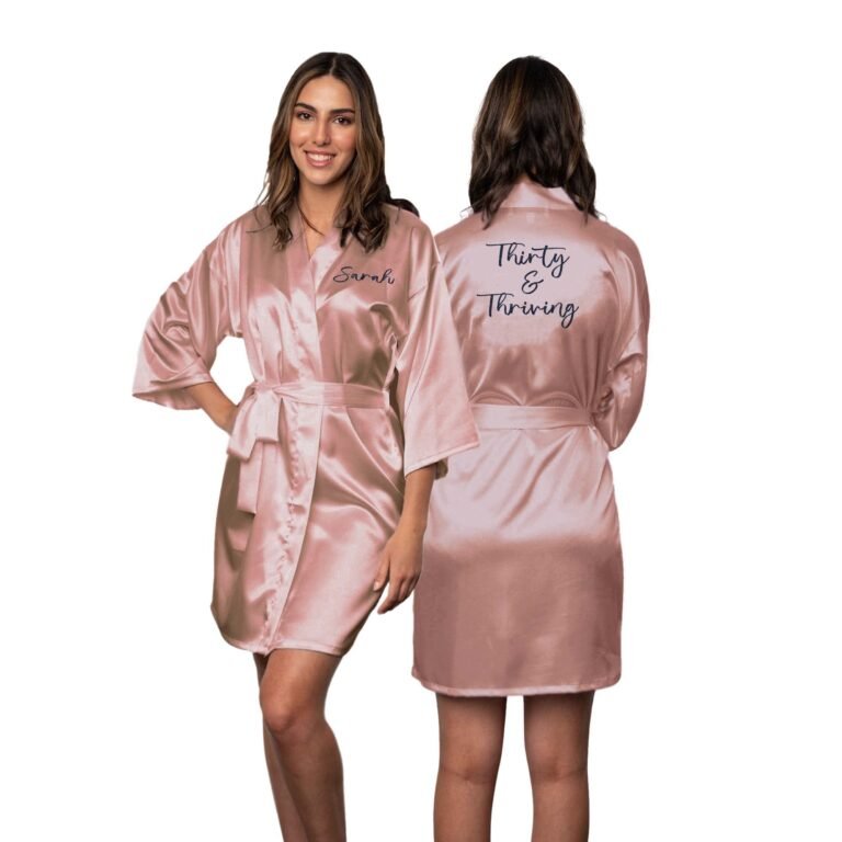 Woman in pink robe, "Sarah" on front, "Thirty & Thriving" on back