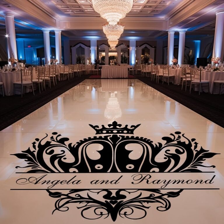 Wedding reception hall with a dance floor and "Angela and Raymond" design