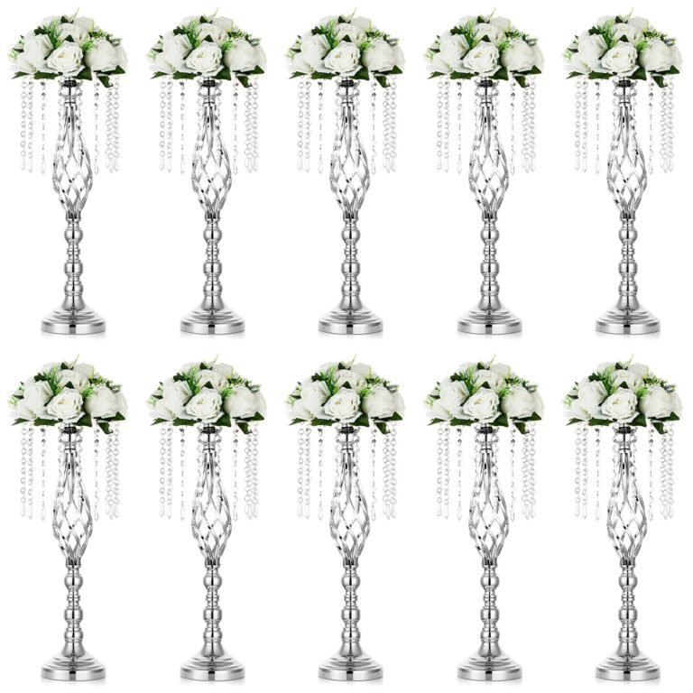 Ten silver floral centerpieces with white roses and crystal strands