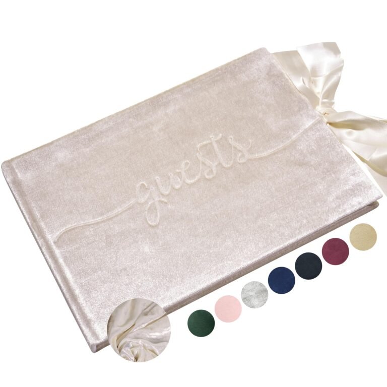 Ivory velvet guest book with embroidered "guests" and ribbon tie