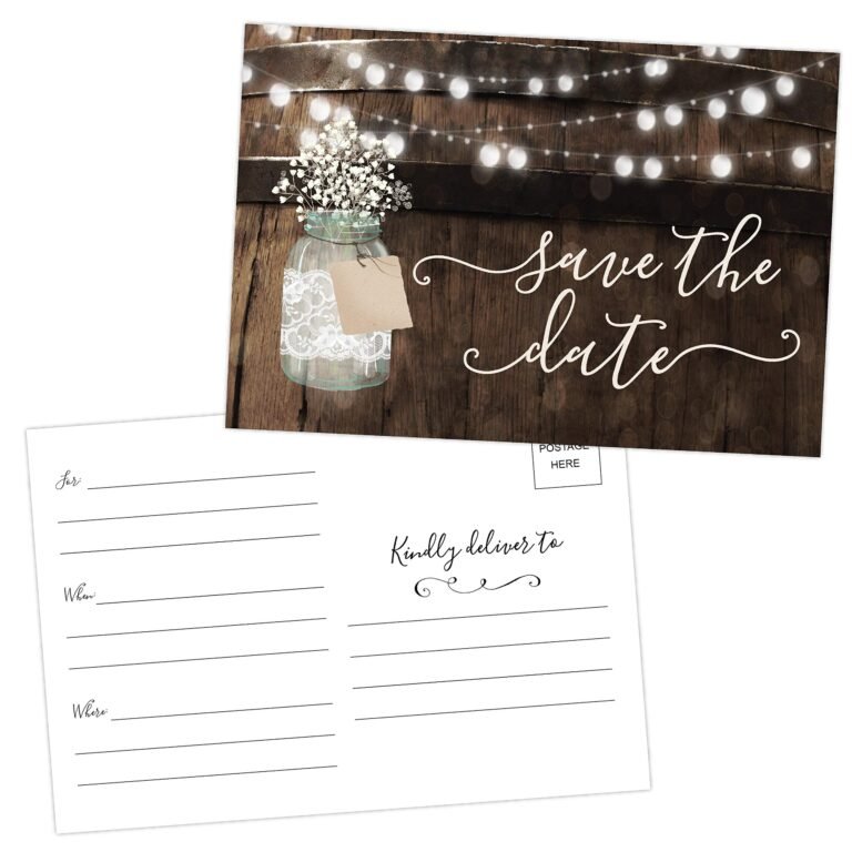 Save the date" postcard with mason jar, flowers, and string lights on wood background
