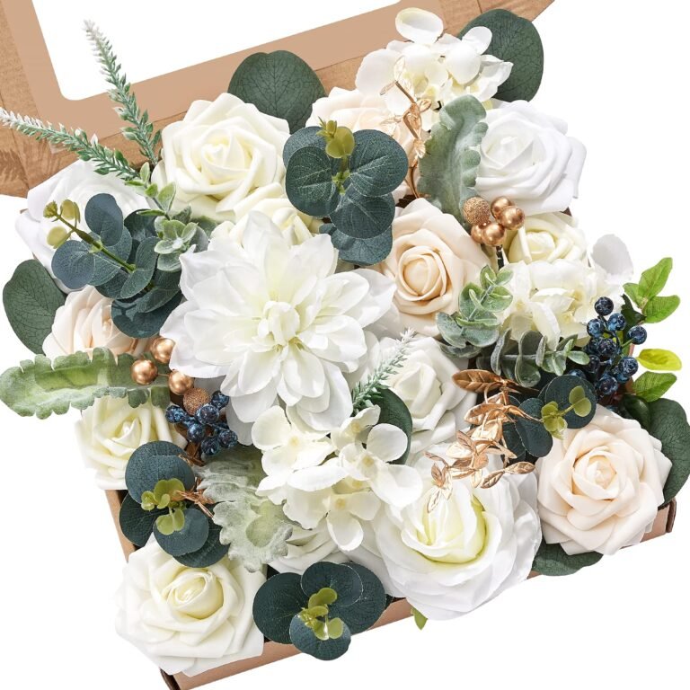 Box of white roses, dahlias, greenery, and berries, floral arrangement