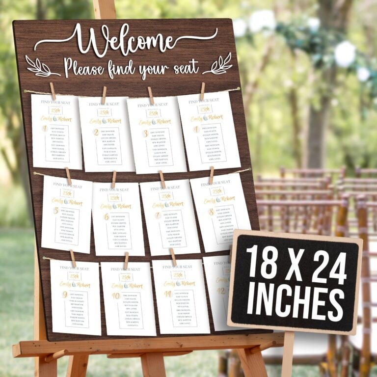 Wedding seating chart with guest names on cards, displayed on an easel