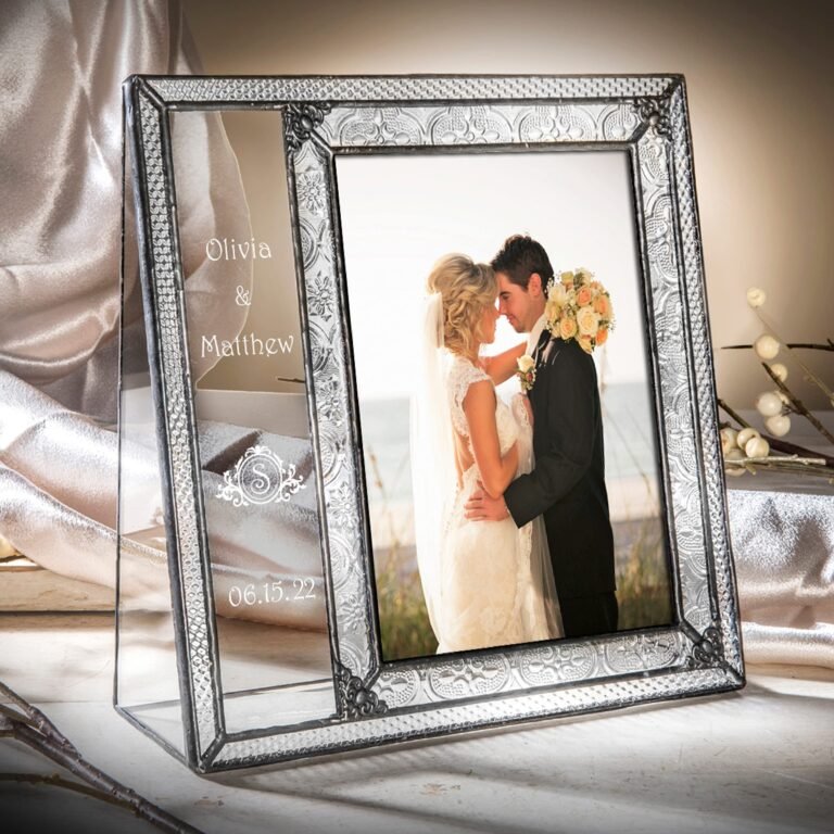 Wedding photo in a decorative glass frame with names and date