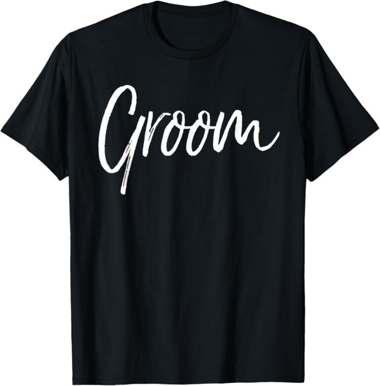 Black t-shirt with the word "Groom" in white cursive lettering