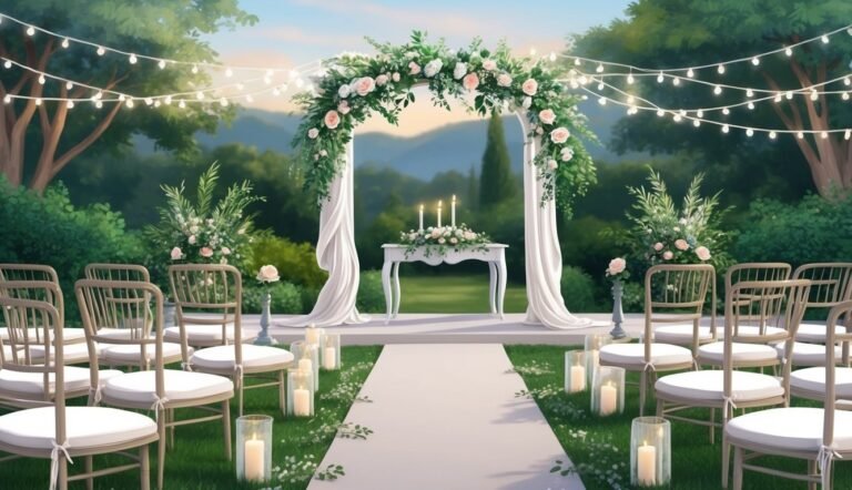 Outdoor wedding ceremony setup with floral arch, chairs, and candles