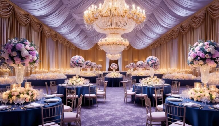 Elegant wedding reception with chandeliers, floral centerpieces, and blue tablecloths