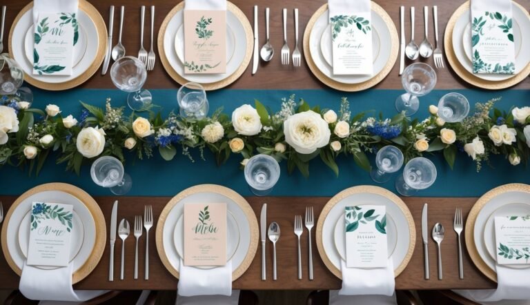 Elegant wedding table setting with floral centerpiece and place settings