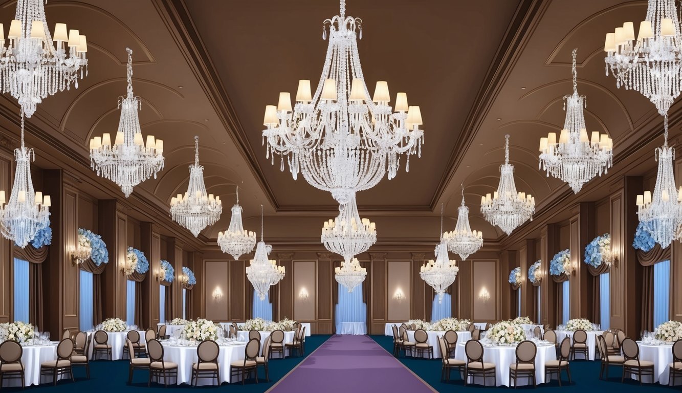 A grand ballroom filled with elegant chandeliers, each with a dimmer switch, creating a luxurious ambiance for a wedding reception