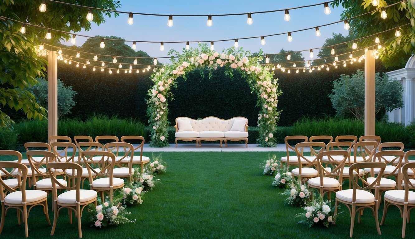 A garden adorned with bistro lights, lush greenery, elegant seating, a floral arch, and a romantic ambiance for an outdoor wedding ceremony