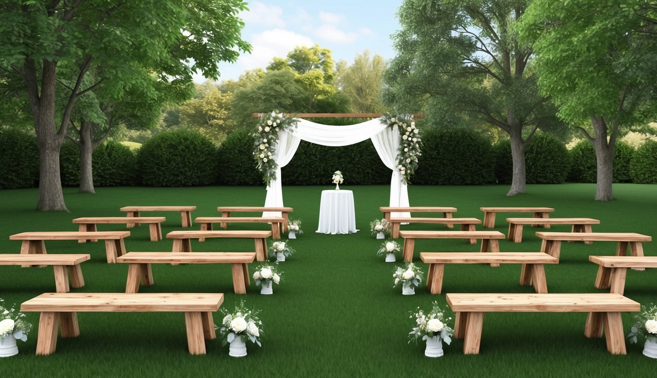 A serene outdoor setting with ten rustic wooden benches arranged elegantly for a wedding ceremony