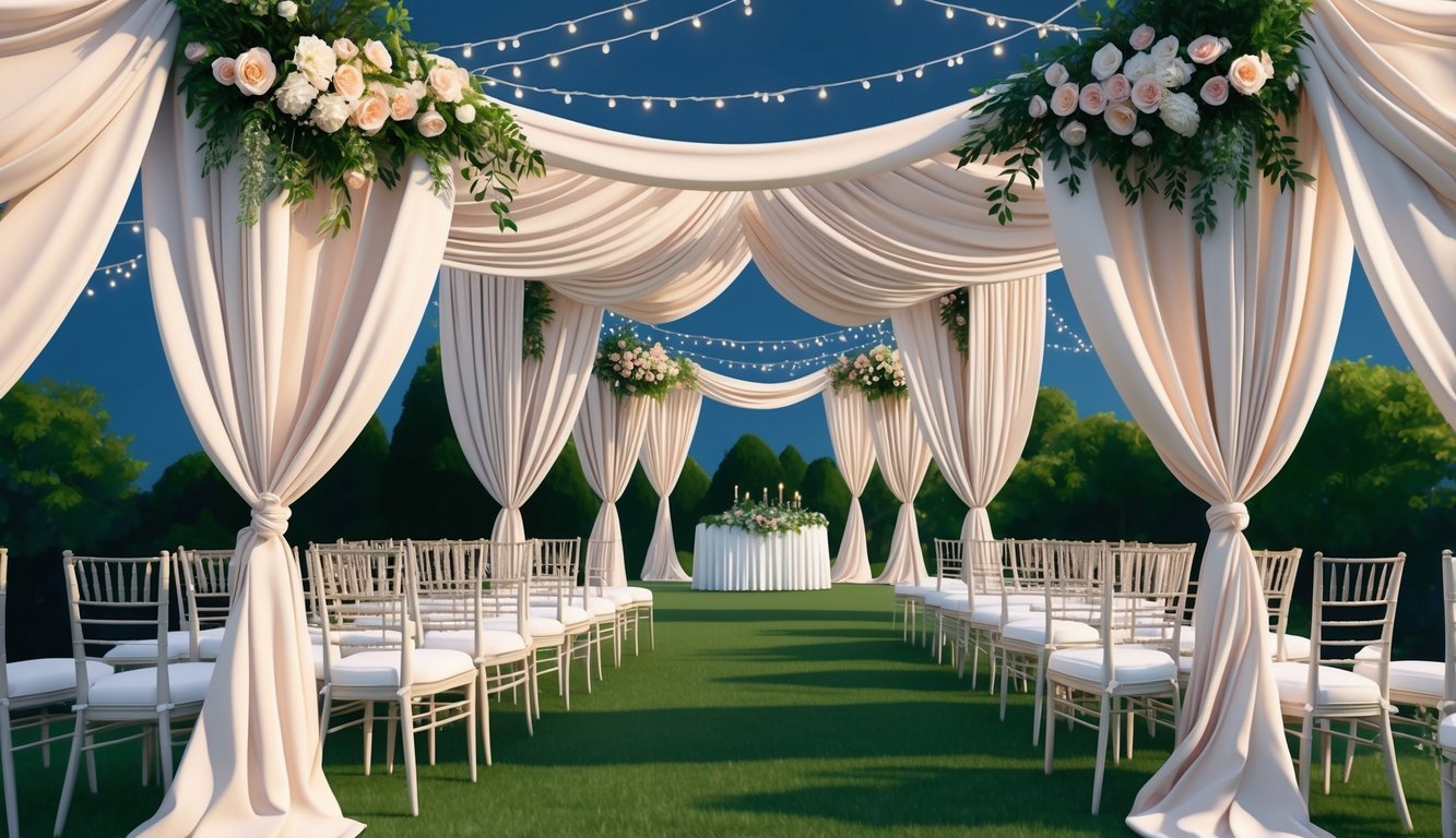 A lush outdoor setting with elegant drapery billowing in the breeze, adorned with flowers, twinkling lights, and luxurious seating for a sophisticated wedding ceremony