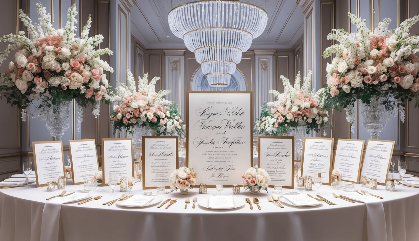 A lavish wedding reception with elegant handwritten invitations displayed on a grand table, surrounded by luxurious floral arrangements and sparkling decor