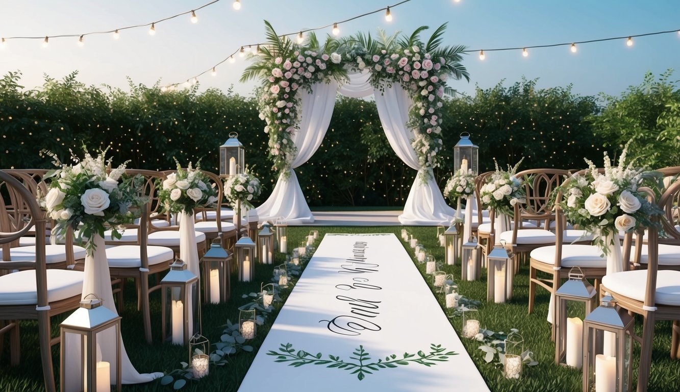 An elegant outdoor wedding ceremony with a personalized aisle runner, adorned with floral arrangements, lanterns, and flowing fabric, set against a backdrop of lush greenery and twinkling lights