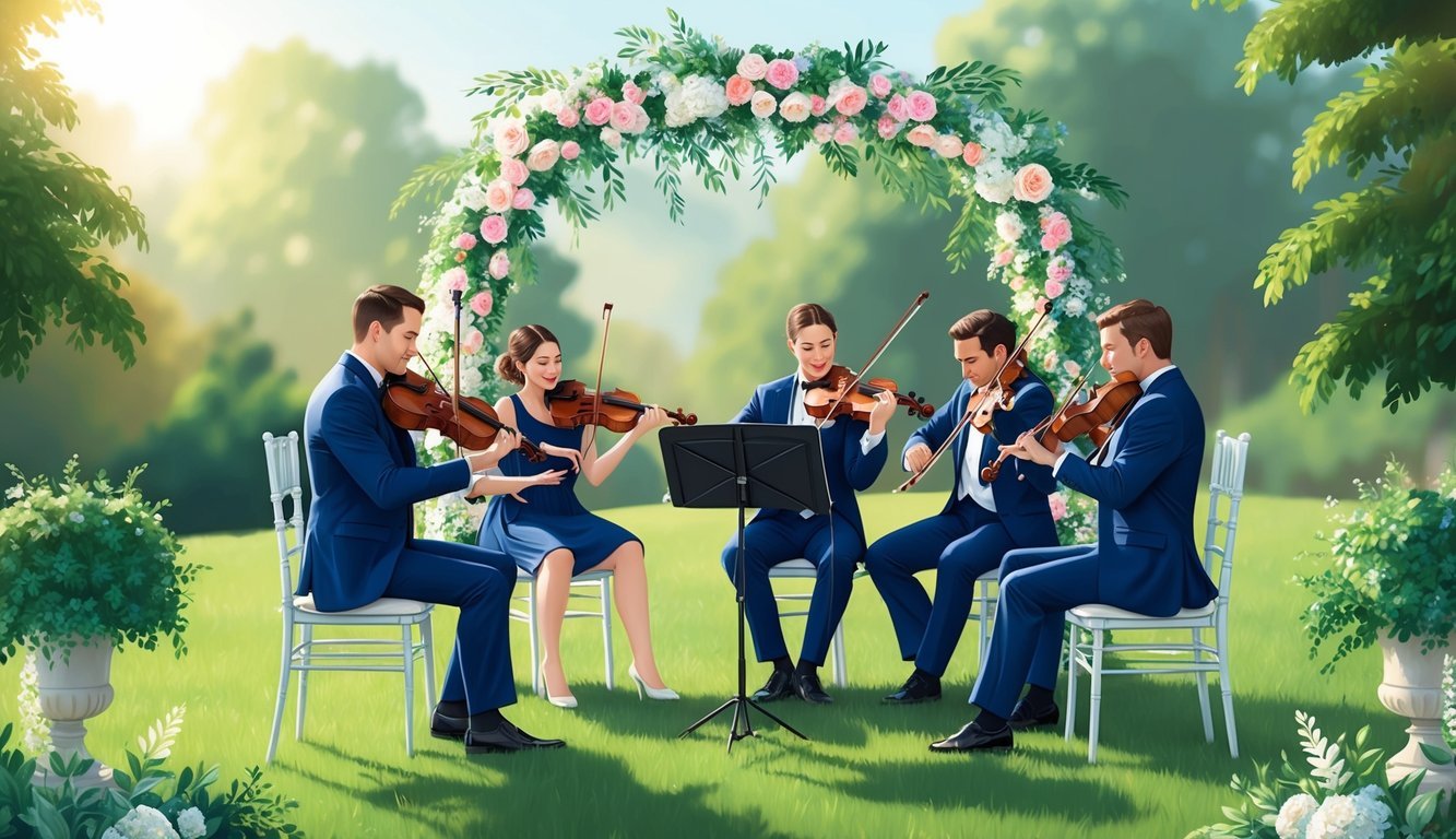 A string quartet performs under a floral arch at an elegant outdoor wedding ceremony, surrounded by lush greenery and soft sunlight