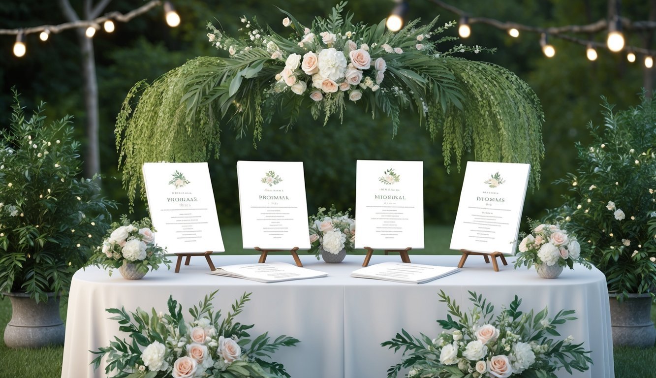 A serene outdoor wedding ceremony with elegant programs displayed on a table adorned with floral arrangements and surrounded by lush greenery and twinkling lights