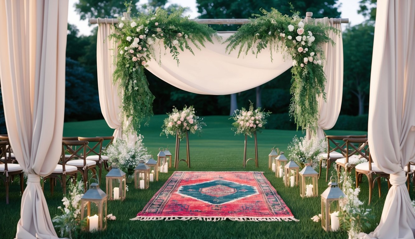 An elegant outdoor wedding ceremony with a bohemian rug aisle, adorned with lush greenery, delicate flowers, romantic lighting, vintage lanterns, and flowing fabric drapes