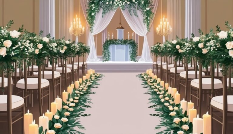 Wedding ceremony setup with candles, flowers, and decorated altar
