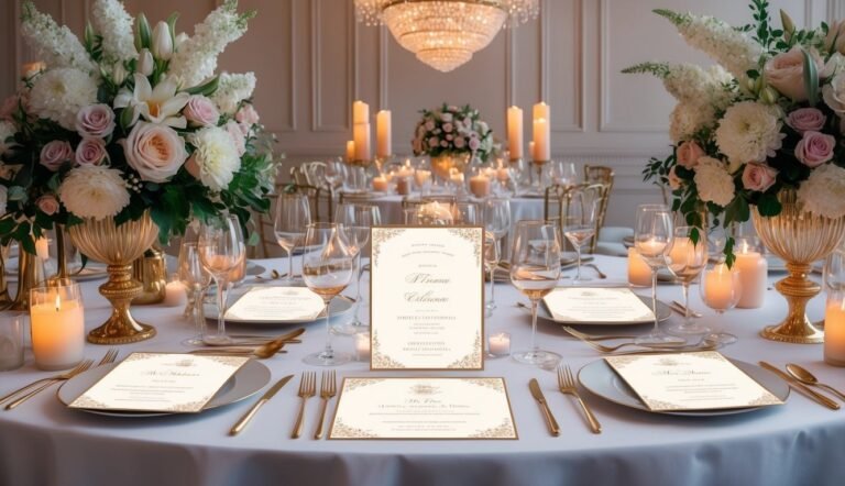 Elegant wedding reception table setting with floral arrangements and place cards