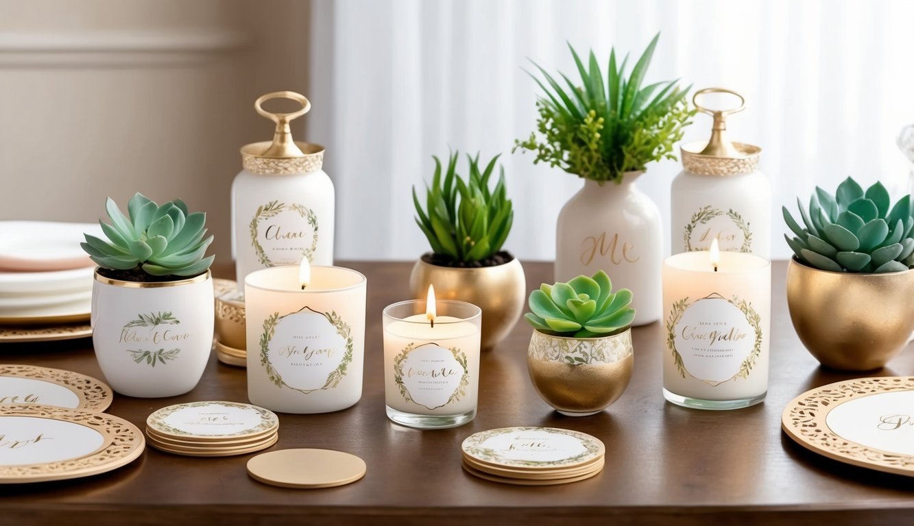 A table adorned with elegant wedding favors, such as personalized candles, mini succulents, and decorative coasters, arranged in a stylish and inviting display