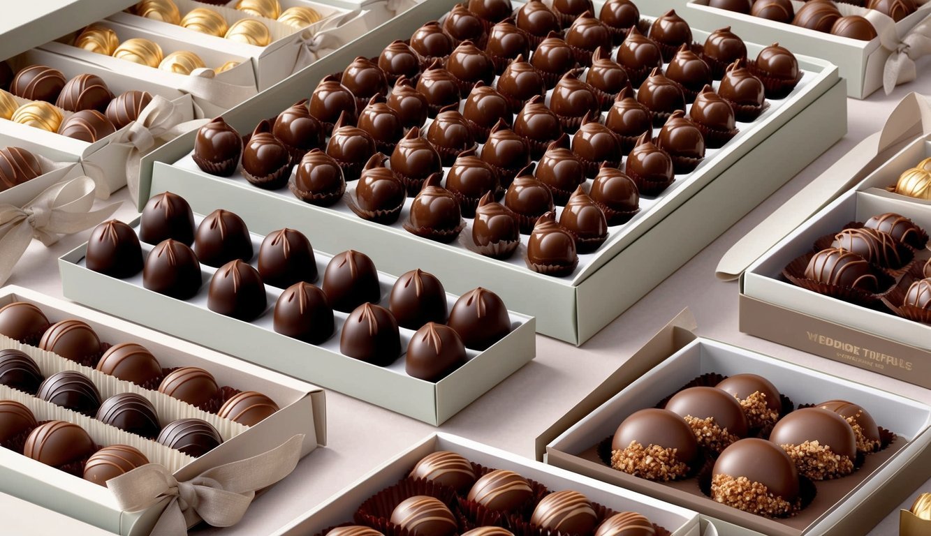 A display of gourmet chocolate truffles arranged in elegant packaging for wedding favors