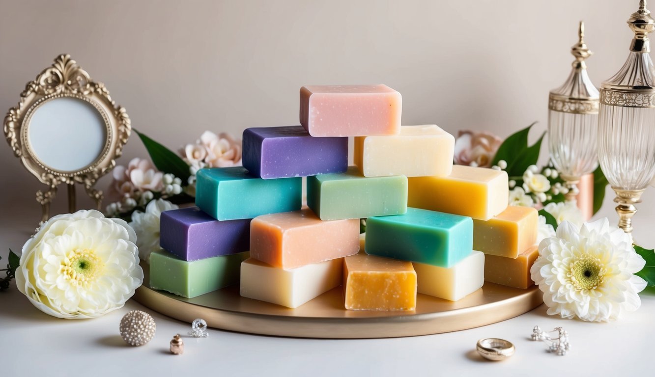 Ten colorful handmade soap bars arranged in a decorative display, surrounded by elegant wedding decor