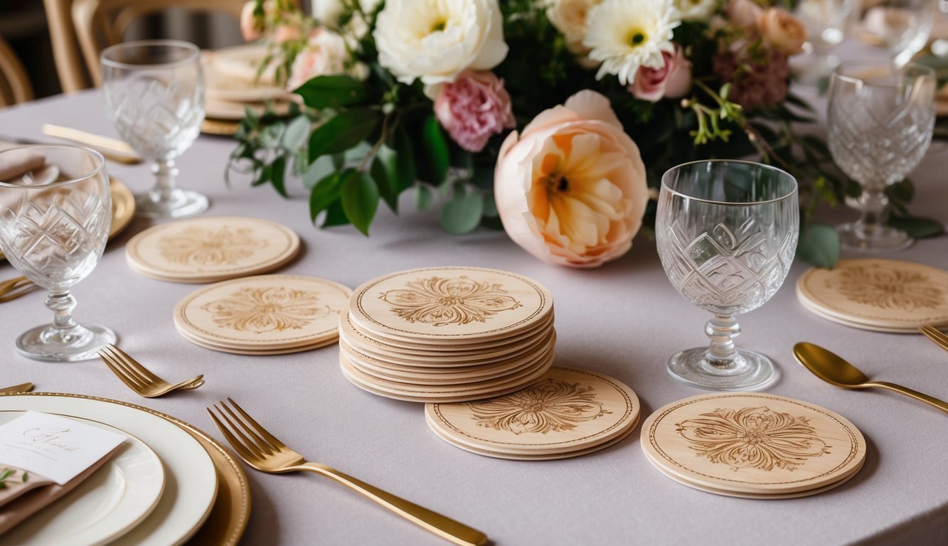 A table set with elegant engraved coasters, surrounded by wedding decor and flowers