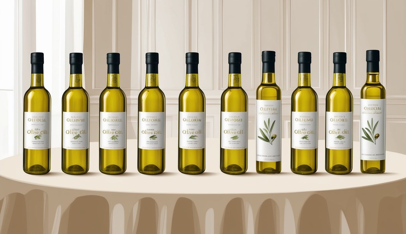 A table adorned with 10 artisan olive oil bottles, elegantly displayed as stylish wedding favors