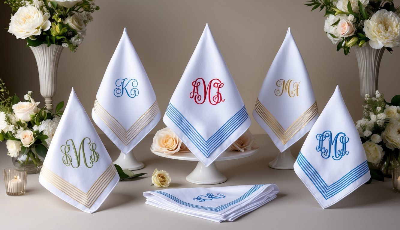 A collection of monogrammed handkerchiefs arranged in a stylish display, surrounded by elegant wedding decor