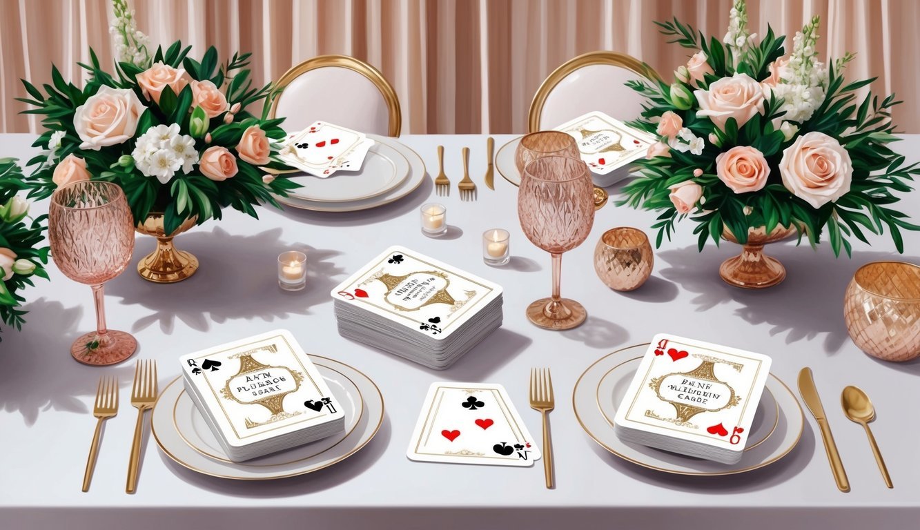 A table set with custom playing cards as stylish wedding favors, surrounded by elegant decor and floral arrangements