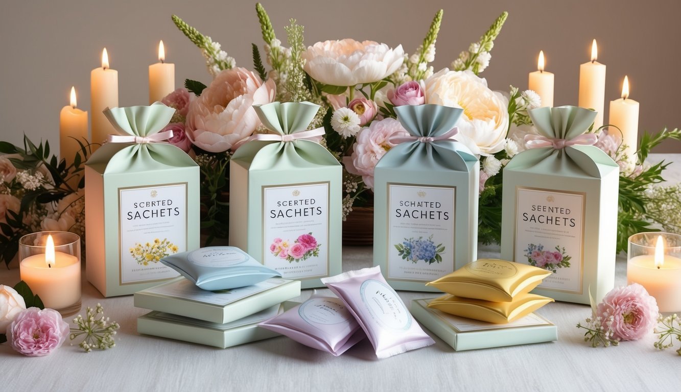 A table adorned with scented sachets in elegant packaging, surrounded by delicate floral arrangements and soft candlelight