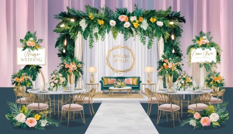 Wedding reception setup with floral decorations, tables, and a sofa